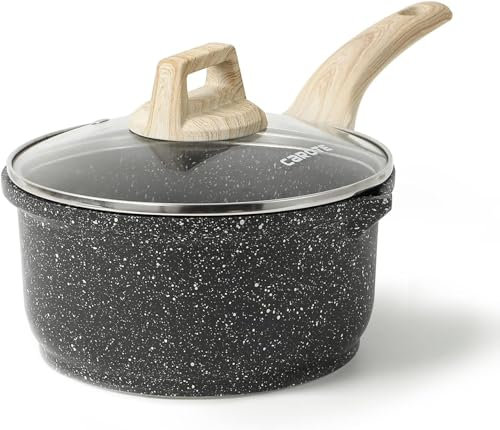CAROTE 16 cm Stieltopf mit Deckel, kleiner Antihaft-Kochtopf mit kühlem Griff, Stielkasserolle mit Ausgießer, PFOA-frei, Grau
