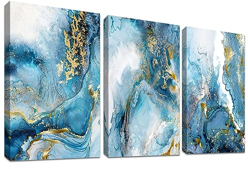 3 Pcs Marbre Nordique Océan Bleu Doré Cadre en bois Impression sur Toile Tableau Image sur Toile Peinture Tableau Decoration Murale Salon Chambre Maison Bureau Prêt À Accrocher 150x70cm(20x28x3pcs)