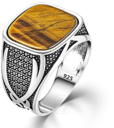 Herren-Ring aus 925er-Sterlingsilber, Tigerauge, Zulfiqar-Schwert-Design, Metall, Tigerauge