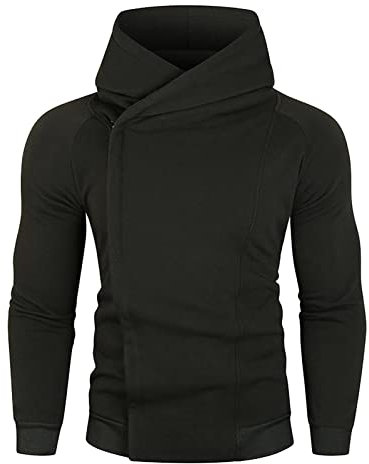 ZDJSWJ Men's Oblique Zip Hoodie Long Sleeve Slim Side Zip Top with Funnel Neck Solid Colour, Black, L