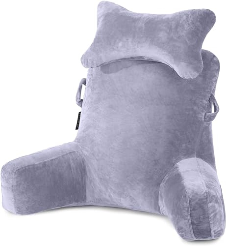 SLIGUY Almohada de Lectura, Almohada para Reposo en la Cama con Cuello Desmontable y Brazos para Sentarse en la Cama o el Respaldo, Almohada de Lectura Espalda para Adultos,Gris