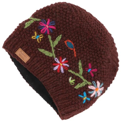GURU SHOP Kurze Beanie Mütze, bestickte Strickmütze, Nepalmütze, Wollmütze | Handgestrickte Mütze, Unisex, mit Fleecefutter, schützt vor Kälte, Passform 52-60 cm, fair gehandelt
