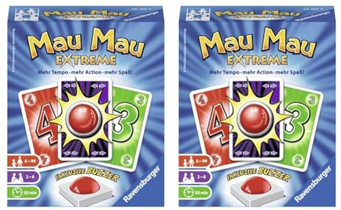 Ravensburger 26701 - Mau Mau Extreme, Kartenspiel mit Buzzer, Klassiker für 2-6 Spieler, Ablegespiel für Kinder und Erwachsene ab 6 Jahren (Packung mit 2)