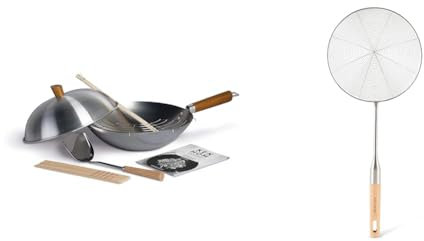 Ken Hom Carbon Steel Wok Set, 31cm, Classic & KH515 Stainless Steel Wire Mesh Ski mmer, Excellence, Wooden Handle/