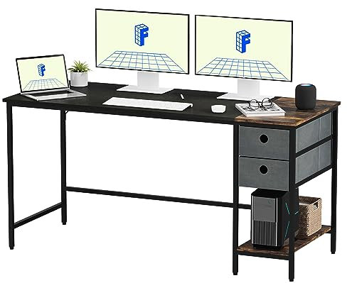 FLEXISPOT Desk 140x60x75cm Fixed Computer Desk PC Table with Bookshelf Home Office PC Table with 3 Tier Storage Shelves Desk for Office Living Room Desk