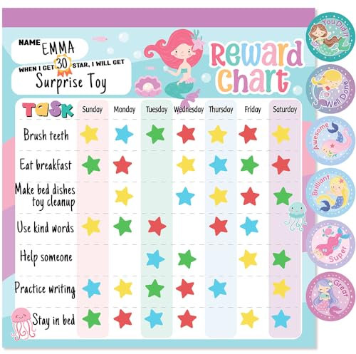 Belohnungstabelle für Kinder – Meerjungfrau magnetisches Kinderverhaltenstabelle, Block mit 26 Aufgabendiagrammen, Stern-Aufklebern von 1920, 36 Anreizaufkleber, Verantwortungsdiagramm für Kinder,