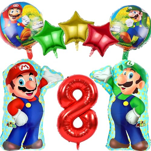 Decoración Mario Bros 8 Años, 8 Piezas Globos para Fiesta, Globo de Aluminio para Niños y Niñas
