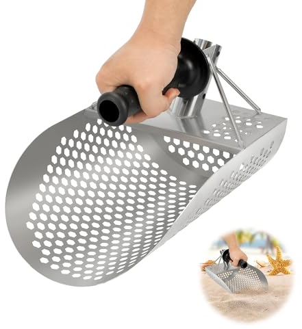 aleawol Beach Sand Scoop Metal Detecting, 304 Stainless Steel Metal Detector Beach Shovel with Handle Sand Shovel Detecting Fast Sifting for Sand Sifting and Treasure Hunting