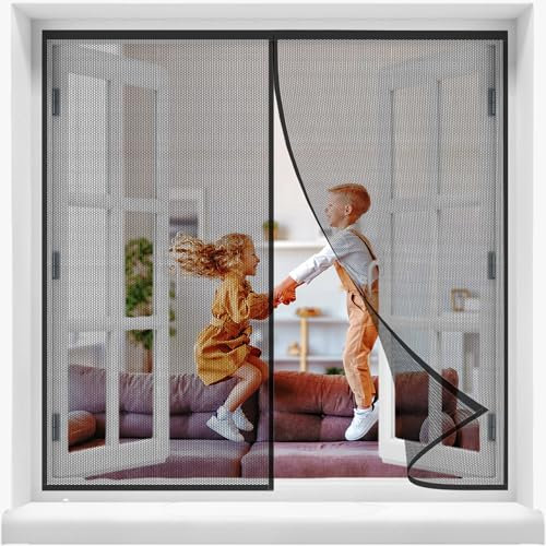 Fiberglas Magnet Fliegengitter Fenster, 145x100cm2022 neue Langlebiger,Kratzfest,Stärkere Magneten Fliegenvorhang für BalkonFenster, und TerrassenFenster (Schwarz)
