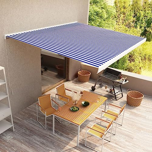 Home Items, Manuelle Kassettenmarkise, 500 x 300 cm, Blau und Weiß, Anzugmöbel