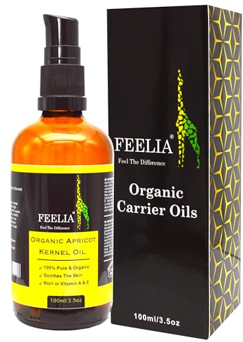 Feelia -Organic Apricot Kernel Oil - Cold Pressed, 100% Pure & Natural, Nourishes the Skin, Rich in Vitamin A & E, Anti-ageing, Helps Clogged Pores Rejuvenate, For Sensitive, Dry and Mature skin type