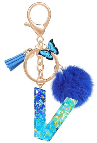 MWOOT Name Buchstabe V Schlüsselanhänger, Blau Schlüsselband für Damen, Harz Schlüsselringe für Tür Auto Schlüssel Handtaschen Deko