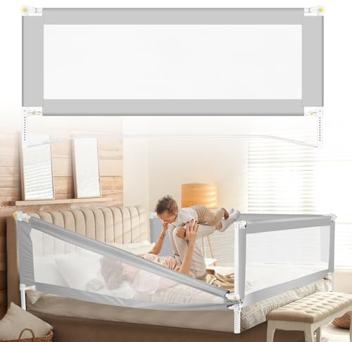 Tubiaz Bettgitter Rausfallschutz 200cm mit U-förmige Füße, Grau | Klappbare Bettschutzgitter, Kinderbettgitter Höhenverstellbar 68-95cm, Babybettgitter mit Luftiges Netz,Leicht zu Montierende