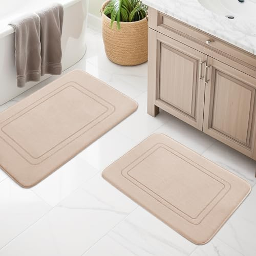 chakme Badezimmerteppich Set 2 Teilig, Weiche Badematte aus Memory-Schaum Badvorleger rutschfest Waschbar, Badezimmer Teppiche Set für Toilette Dusche und Badewanne Beige