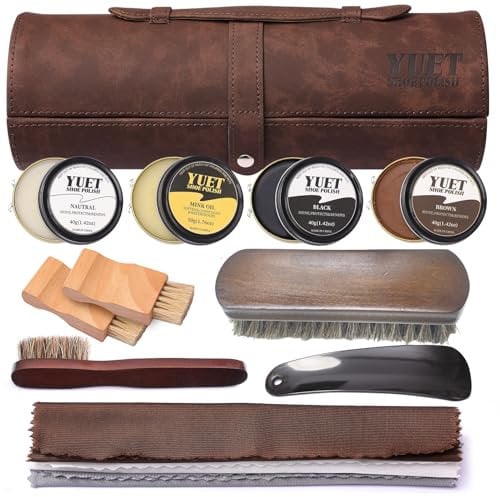 YUET Kit de Cirage pour Chaussures, Avec Brosse et Etui en Cuir PU, Applicateur en Bois, Chausse-pied et Chiffon,Kit pour Cirage de Chaussures de Voyage 13 pièces