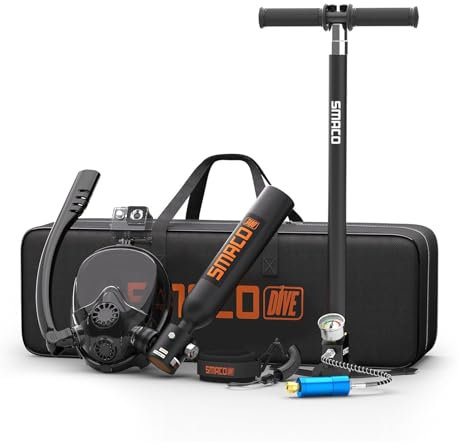 SMACO Mini Tanque de Buceo 0.5L con Mascara Proporciona 6 Mins de Respiración Submarina Dentro de una Profundidad de 30ft Kit Tanques de Buceo con Bomba Manual, Negro