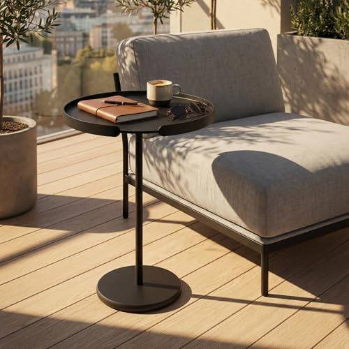 Beistelltisch Outdoor Aluminium wetterfest – OLLIE, runder Metalltisch, modern & stabil, für Balkon, Terrasse, Garten & Wohnzimmer, Couchtisch klein, Kaffeetisch Made in EU (Schwarz, 56.9cm)