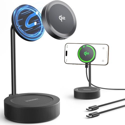 THREEKEY Charging Station, for MagSafe Charger with 180° Rotation, Qi2 15W Fast Charging Pad with Dual-Sided Magnets, Magnetic Wireless Charger Stand for iPhone 16-12 Series/Airpods (TZH104 Black)