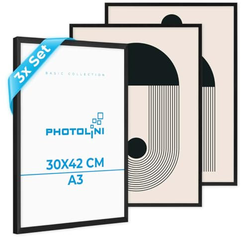 PHOTOLINI Bilderrahmen A3 30x42 cm Schwarz, 3er Set Kunststoff-Rahmen schmal, bruchsicheres Acrylglas, zum Aufhängen, extra Zubehör - Dokumentenrahmen für Urkunden, Zertifikate & Fotos
