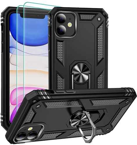 Pilaru for iPhone 11 Case,iPhone 11 Phone Case with HD Screen Protector, [Military Grade 16ft. Drop Tested],Magnetic Ring Kickstand Car Mount Protective Cover for iPhone 11,Black