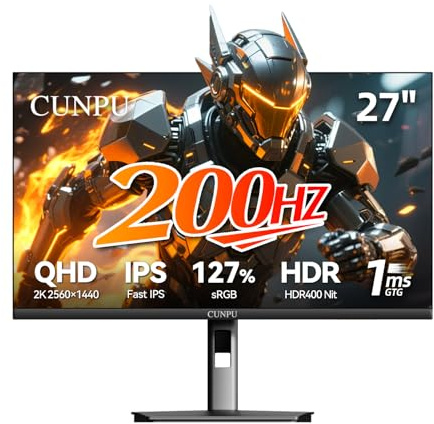 CUNPU QHD 2560 x 1440 27 Gaming Monitor, 180Hz (up to 200Hz), 1ms GTG, Fast IPS, DCI-P3 93%, High Brightness 450cd/㎡, G-Sync and FreeSync, Tilt Support, DP/HDMI, 2K Monitor
