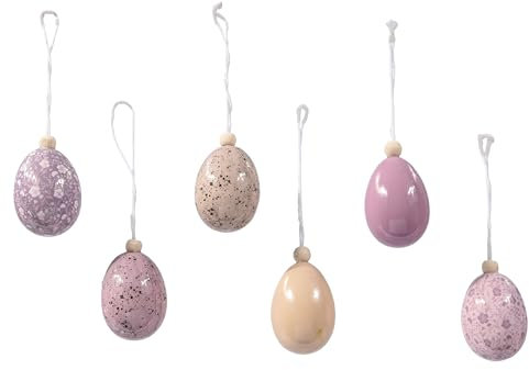 Ostereier zum Aufhängen 4x6cm Kunststoff 6er Set - mit Aufhänger - Deko Eier für Ostern Frühling - Kunststoffeier Osterdeko Hängedeko Frühlingsdeko bruchfest - Flieder Beige