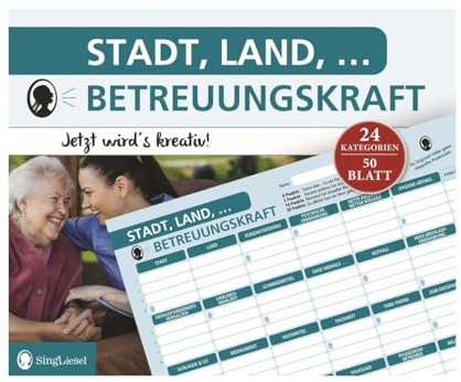 SingLiesel Stadt, Land, Betreuungskraft – Spielblock im Stadt Land Fluss Stil für Betreuungskräfte | Lustige Fragen & knifflige Themen | Geschenk für Kollegen oder Team