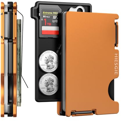 HIESGIE Wallet for Men with Inner Key Coin Tray, Minimalist Card Holder with Money Clip, Slim Metal Front Pocket Wallet, RFID Blocking, 02-orange, S