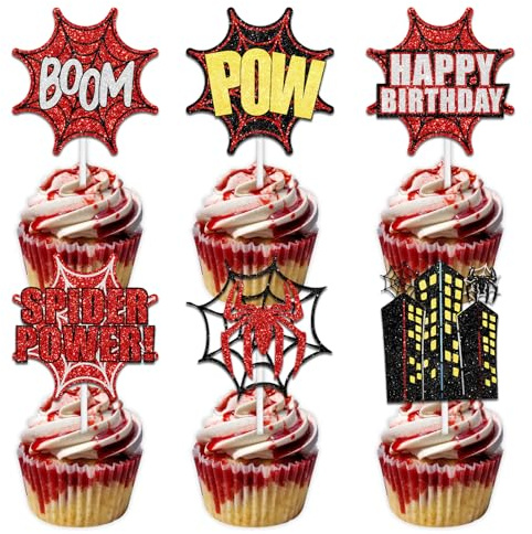 18pcs Red Glitter Dessert Cupcake Topper Pick for Hero Theme Decor Supplies Men Women Happy Birthday Party Decoration