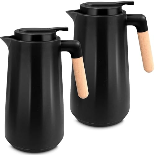 YFNVH 2 Stück 1L Thermo-Kaffeekaraffe aus Edelstahl, Isolierkanne Kaffeekanne mit Holzgriff Thermoskanne mit tropffreiem Ausguss Teekanne Thermo für Küche, Büro, Hotel, Schwarz