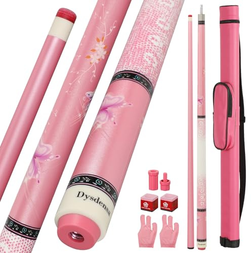 Dysdensa Pink Poolqueue, 540 g – 147,3 cm, kanadisches Ahornholz, 13 mm Lederspitze, Blumendesign, Metallic-Lack, 3/8 × 8 Gelenk, mit Etui, Kreiden, Handschuhen, Protektoren
