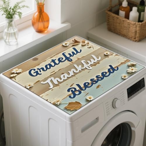 GLOBLELAND Vintage Holzbrett Waschmaschinenauflage 60x60cm Dankbaren Texten Saugfähig Schnelltrocknend Trockner Auflage Weiche und Zuschneidbare Universal Waschmaschinenabdeckung für Waschmaschine