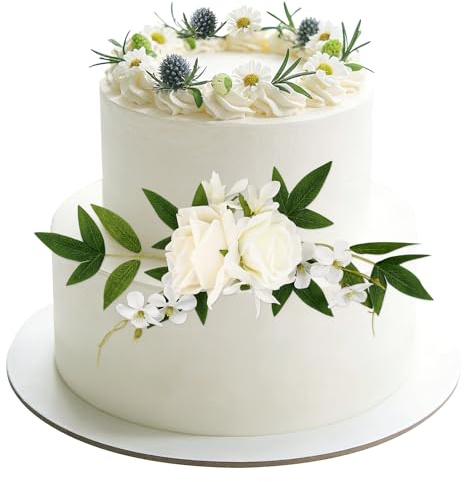 Artificial Flower Cake Topper, White Rose Flower Leaves Assembled Cakes Decoration, DIY Birthday Valentine's Day Wedding Anniversary Party Cake Decorations Supplies (White)