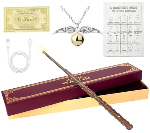 Lotvic Baguette magique Hermione Granger avec lumière 38 cm | Baguettes magiques lumineuses, rechargeable par USB, avec carte de sort, collier et billet de station