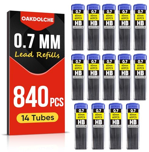 OAKDOLCHE 840 pcs Lead Refills, 0.7mm Mechanical Pencil Lead HB, Break Resistant Pencil Refills, Black,14 Tubes(60pcs/tube)