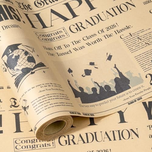 RUSPEPA Kraft Vintage Newspaper Graduation Wrapping Paper Roll, Mini Roll - Retro The Graduation Times Headline Print with Caps & Diplomas, Kraft Gift Wrap for Class of 2026 Graduates, 43.2cm x 5m