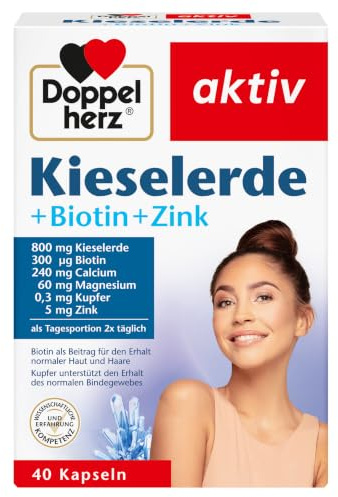 Doppelherz Kieselerde + Biotin + Zink | 800 mg Kieselerde als Tagesdosis (2 x täglich) - Biotin trägt zur Erhaltung normaler Haut und Haare bei - 60 Kapseln