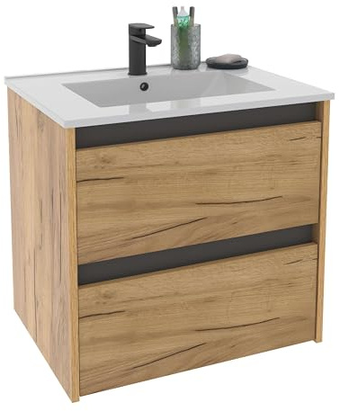Miroytengo Mueble de Baño Suspendido 60 cm Nilo Roble Kraft y Gris 2 cajones 60x60x46 cm (Lavabo Cerámico)