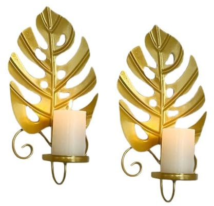 BOOMLATU Goldene Kerzenhalter Wand Kerzenständer Metall Teelichthalter in Blätter Form Kerzenleuchter für Stumpenkerzen Kerzenhalterung Dekorativer Wandkerzenhalter Wanddeko für Wohnzimmer Flur, 2 St.