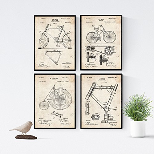 Nacnic 4 poster mit fahrrad patenten | posterset mit erfindungen und alten werkzeugen | bilder von fahrrad, rad, kette und fahrradrahmen | größe a4.