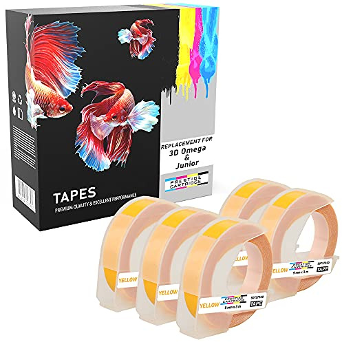 Prestige Cartridge 5x Weiß auf Gelb 3D Prägeband 9mm x 3m kompatibel für Prägegeräte Junior und Omega