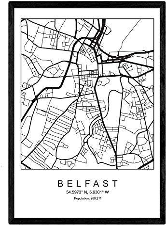 Nacnic Blatt Belfast Stadtkarte im nordischen Stil schwarz und weiß. A3 Größe Plakat Das bedruckte Papier Keine 250 gr. Gemälde, Drucke und Poster für Wohnzimmer und Schlafzimmer