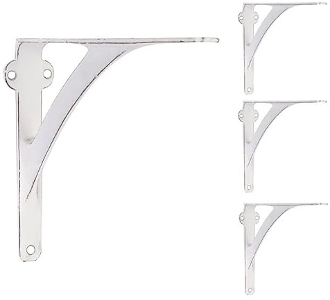 A29 Iron Wall Shelf Brackets, 7.38 x 9.88 in, Distressed White, Set of 4 | Heavy Duty Cast Iron, Indoor Outdoor Use, Fits 8 to 12 in Shelves, Hardware Included