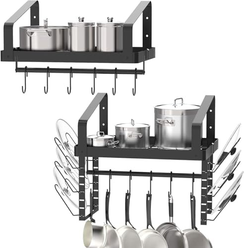 X-cosrack Pot Racks Wall Mounted Set of 2 ,with Towel Bar and Pots Pans Lids Organizer, Kitchen Cookware Hanging Shelves with 12 Hooks, Black