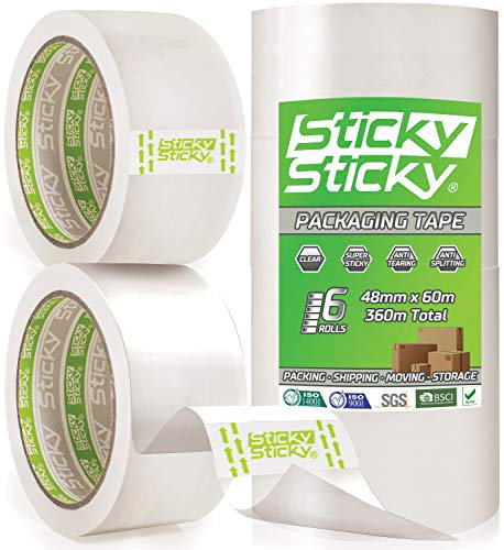 Sticky Sticky Packing Tape 6 Rolls 48mm x 60m - Clear Parcel for Boxes - Packaging for Moving House - Transparent Shipping Tape for Parcels