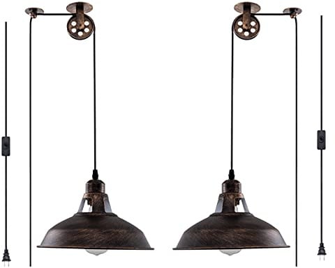 Installierte Pendelleuchte Industrielle Riemenscheibe Pendelleuchte E26 Vintage Hängeleuchte Leuchte 16ft Schnur Ein / Aus-Schalter für Billardtisch, Houseplant Grow Lichter, Kücheninsel, Spüle 2 Pack