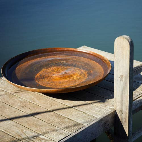 Round Wood 80cm Curved Corten Steel Water Bowl - Feature Home Garden Decor Outdoors Tranquil Dish
