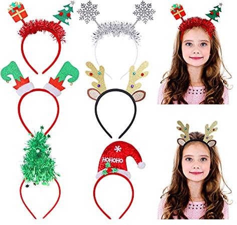 6 Stück Weihnachts-Haarreif,Weihnachtsstirnband Ren-Kostüm-Haar-Bänder Weihnachten Schneemann Haarband Weihnachtsgeweih Kopfschmuck,Elfen Party-Hüte Accessoires Geschenke für Weihnachtsfeiertags