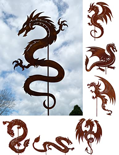 Gartenfigur Chinesischer Drache Schlange 75x43cm + Stab Gartenstecker Edelrost Gartendeko Wetterfest Rost Metall Rostfigur Schlange Drachen Figur Dragon von Steinfigurenwelt