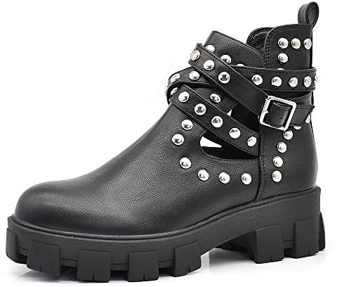 IF Fashion Scarpe da Donna Stivali Stivaletti Biker Fibbie Borchie Primaverili Traforati GR-6608 nero N.38